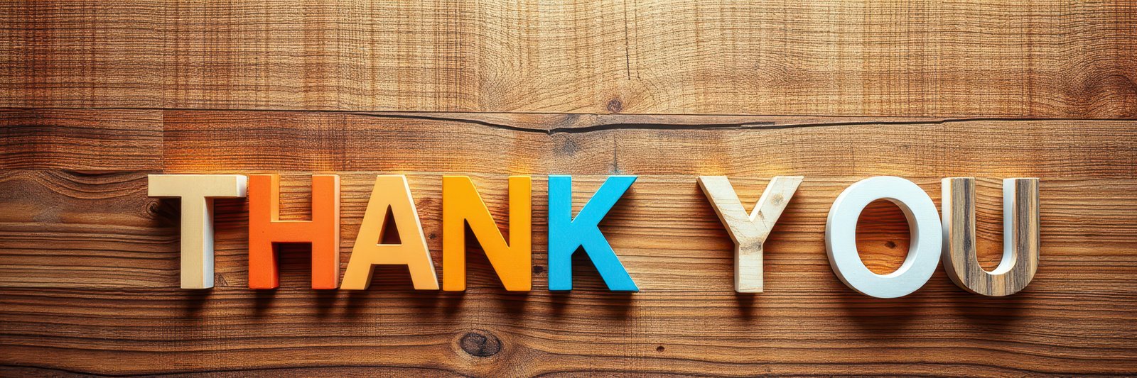Colorful wooden letters spelling thank you on a textured wooden background